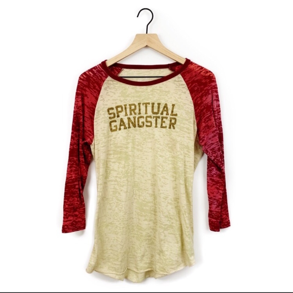 SPIRITUAL GANGSTER BASEBALL STYLE BURNOUT TEE.